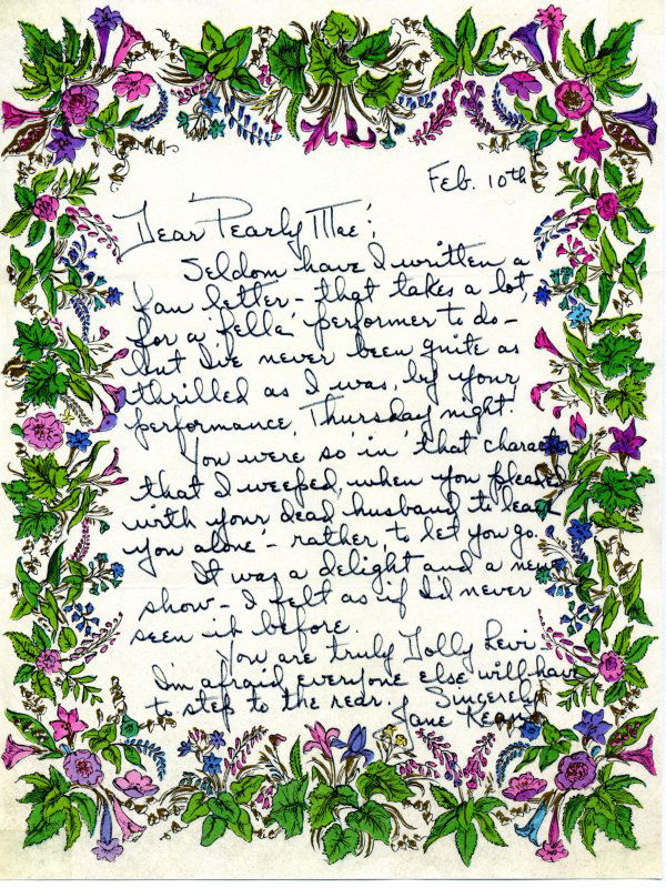 Jane Kean Jackie Gleason Show ALS to Pearl: Jane Kean, American actor who played Trixie Norton on the Jackie Gleason Show writes a fan letter to actress/singer Pearl Bailey for her role as Dolly Levi in "Hello Dolly!" 1 page, 8 1/2" x 11", Date