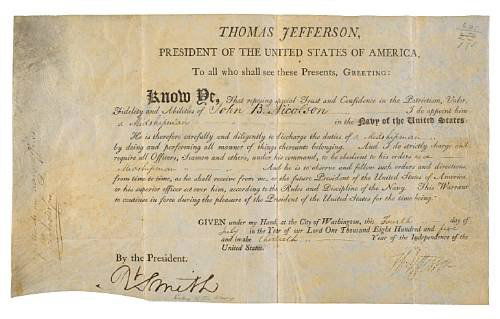 Thomas Jefferson Document Signed UACC PADA: 3rd President. Document Signed as President, 1 page, folio, on vellum, Washington, dated July 4, 1805, appointing John B. Nicolson as Midshipman in the United States Navy, also signed by Robert Smith