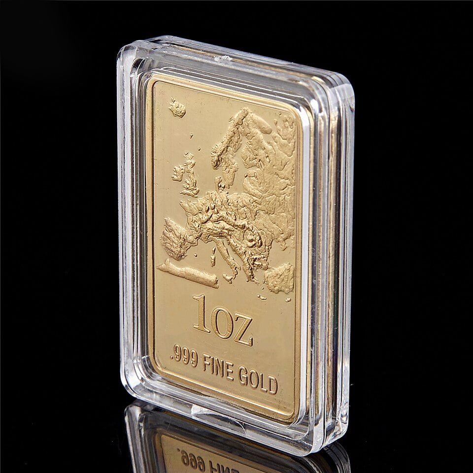 1 Oz 999 Gold European Map Gold Commemorative Bar: Size: 4.4 cm - 2.8 cm. Weight 28 g. Materials: Iron Plated Gold. Condition: New This type of collectible likely appeals to individuals interested in both numismatics (the study of coins and currency) 
