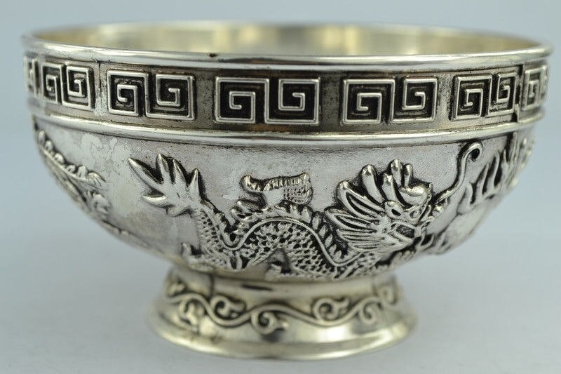 China Collection Tibet Silver Dragon Phoenix Bowl (1 of 3)
