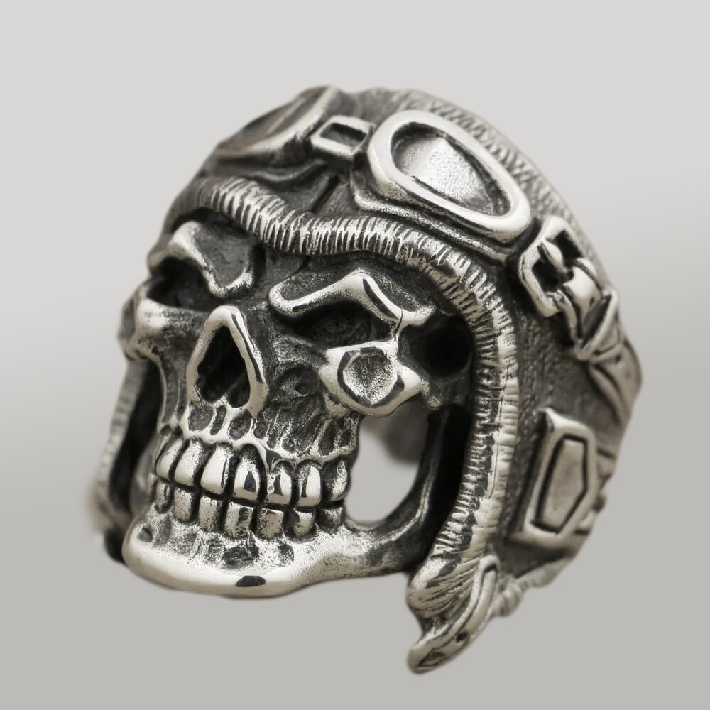 Pilot Skull Helmet 925 Sterling Silver Mens Ring (1 of 4)