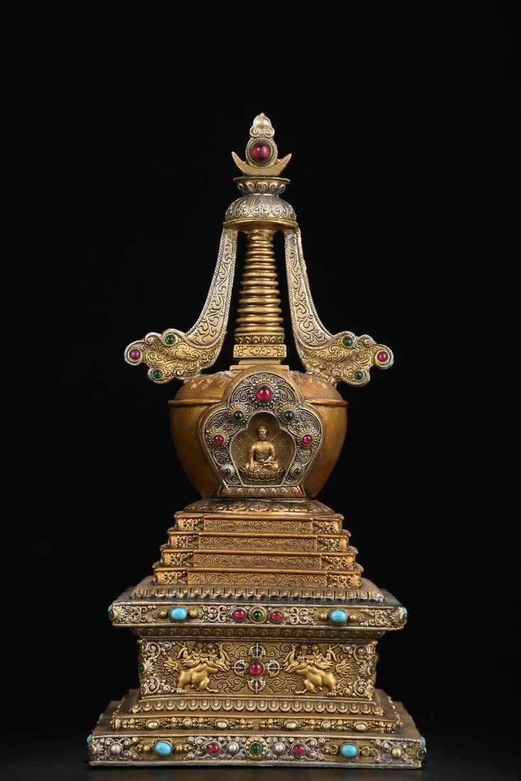 Vintage Bronze Gem Shakyamuni Buddha Stupa Pagoda (1 of 6)