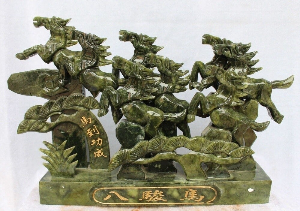 Chinese Decorative Rare Jade Horses Herd Sculpture: Size: Height 25.4 cm - Length 40 cm - Breadth 8.1 cm. Weight 4.8 kg. Materials: Green jade. Condition: Excellent. Horses have long been regarded as auspicious symbols of vitality, power, and swift adv