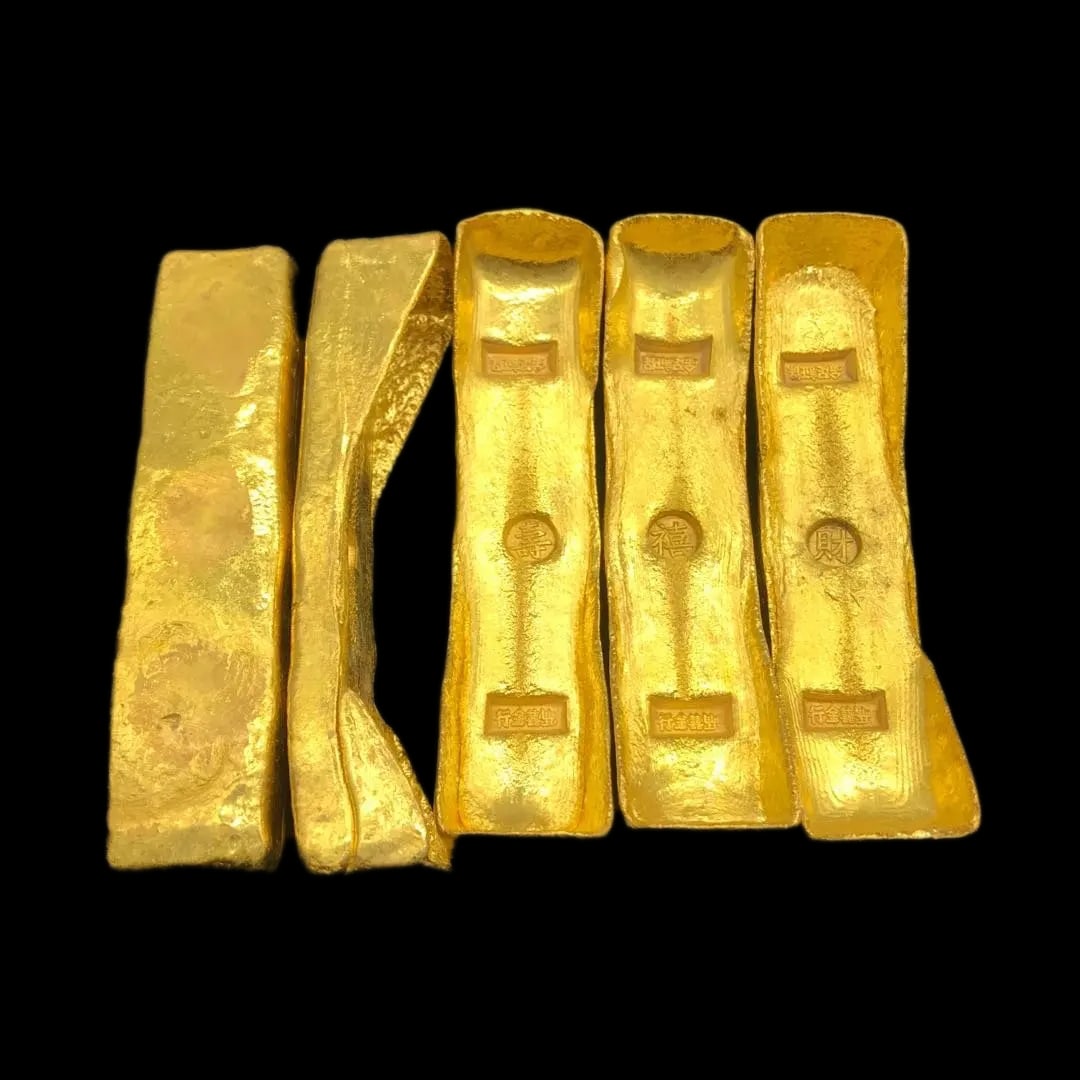 Vintage Style Chinese Ingot Set Brass Gilded Bars (1 of 2)