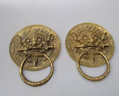 Chinese Handcrafted Door Knockers Pair Decorations: Size: Height 21 cm. Materials: Brass, copper. Condition: Resembles a retro aesthetic. Exquisite pair of Chinese old style handwork door knockers, crafted with precision and artistry. These collectible