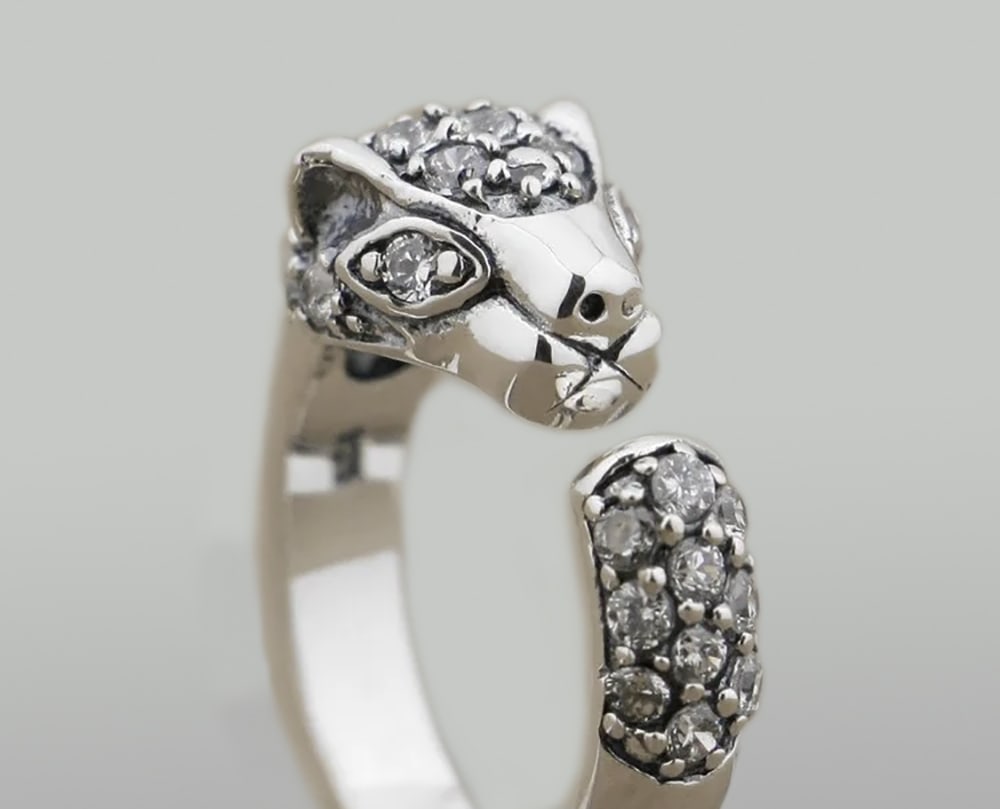 925 Silver Feline Ring Cubic Zirconia Handcrafted (1 of 5)