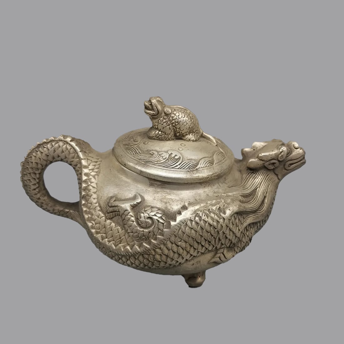 Rare Chinese Carved White Copper Sculpture Teapot (1 of 5)