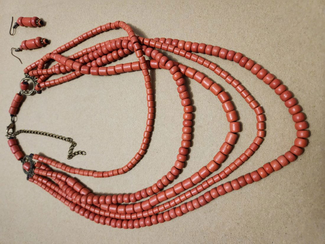 Red Salmon coral necklace vintage with earings (1 of 9)