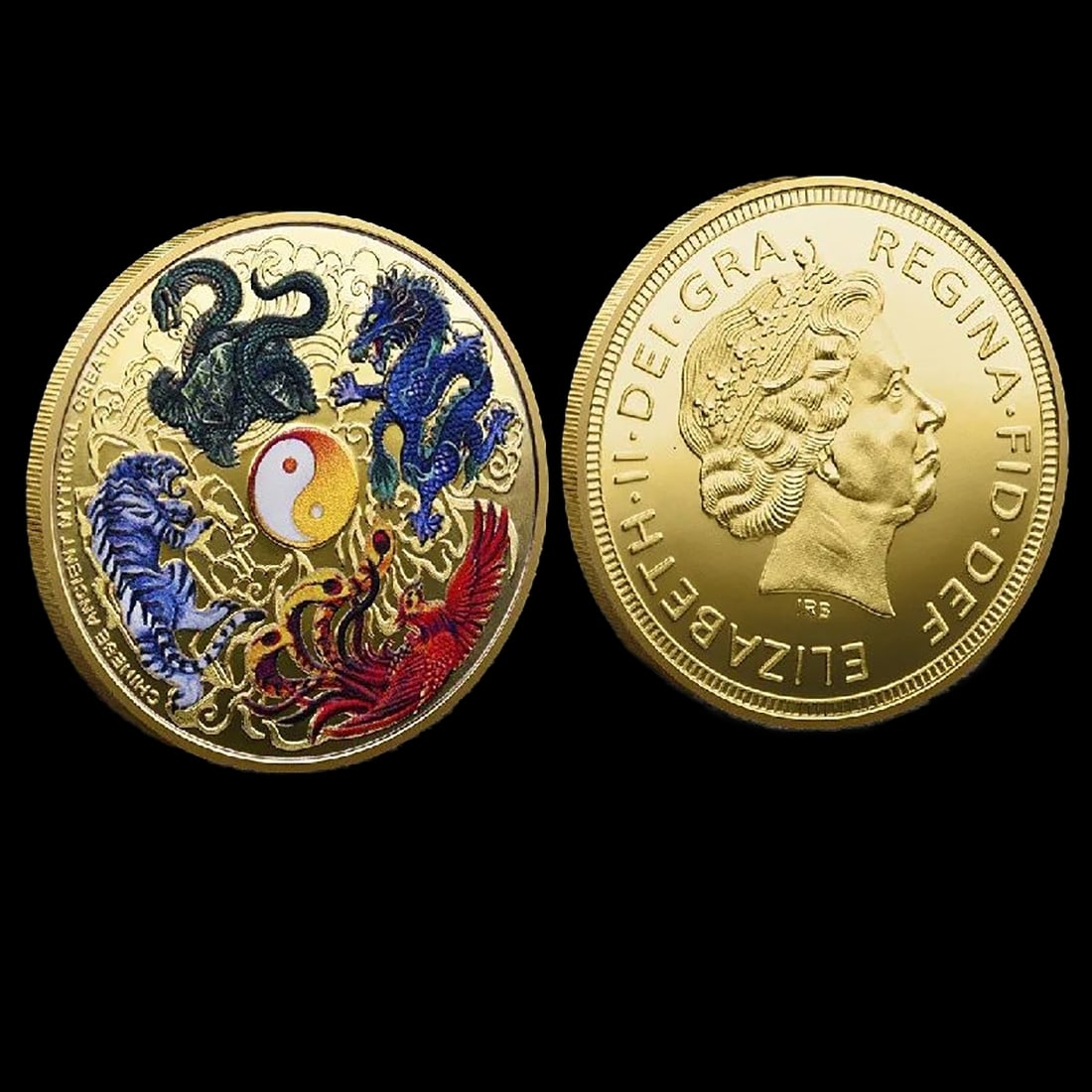 Unique Mythical Beasts Golden Metal Yin Yang Coin: Size: Diameter 4 cm - Thickness 0.3 cm. Materials: Metal with plated gold. Condition: New. Souvenir Tai Chi coin with four mythical beasts, made of gold-plated metal. Immerse yourself in the rich symb