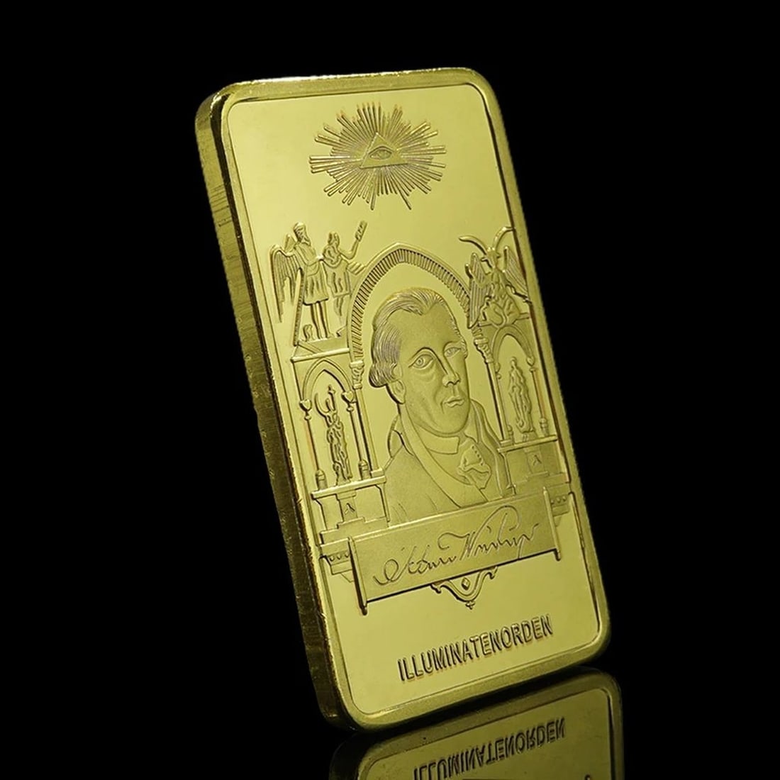 Collectible Unique Souvenir Gold Iron Ingot Bar: Size: Height 5 cm - Witdh 2.8 cm. Weight 28 g. Materials: Iron with plated gold (gilt). Condition: New. This is copy of iron bar with gold-plated featuring the iconic Masonic symbol. A prized addition
