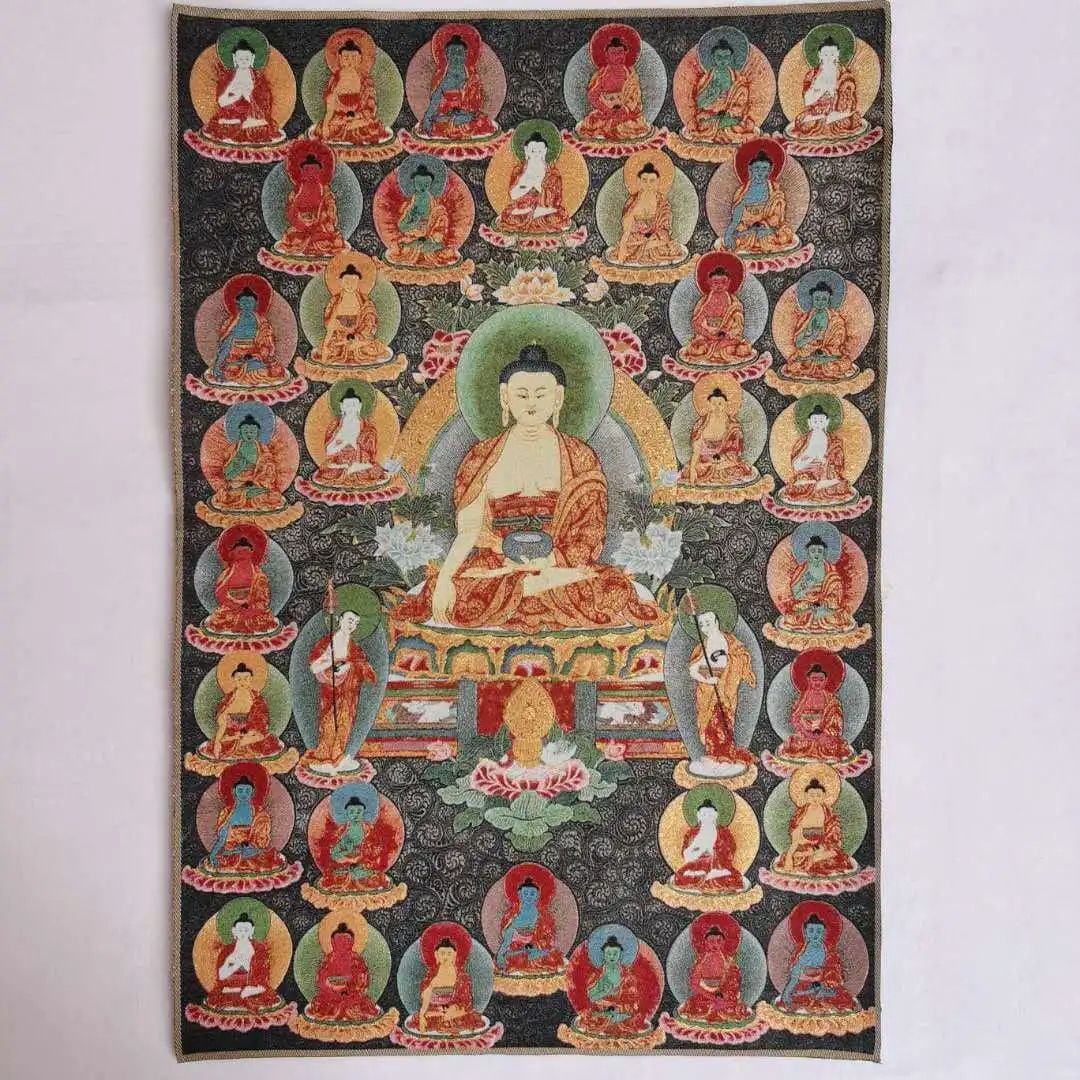 Old Style Asian Tibet Cloth Buddhist Embroidery: Size: Height 90 cm - Length 60 cm. Materials: Silk. Condition: Resembles a retro aesthetic. This vintage style Tibetan Thangka is a magnificent depiction of Buddhist spirituality and tradition. Crafte
