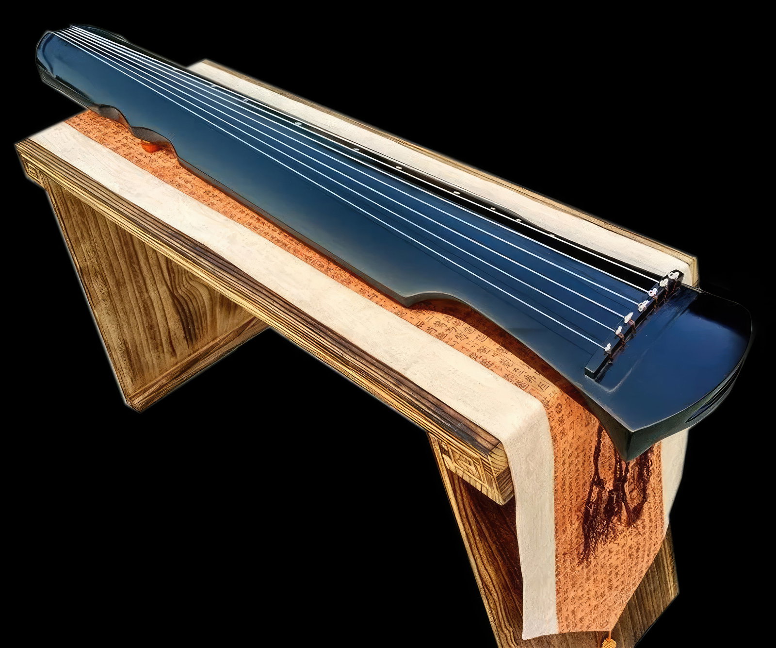 Rare Chinese Handmade Guzheng Musical Instrument: Size: 123 cm - 23 cm. Weight 3 kg. Materials: Catalpa, azusa wood, old paulownia, sandalwood, lacquer. Condition: Excellent. This is a traditional Chinese handmade seven-string Guzheng musical instrum