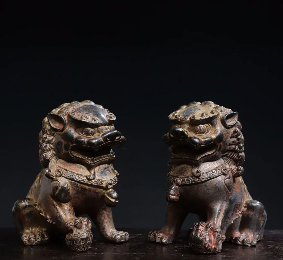 Chinese Bronze Cinnabar Statue Beast Fu Dog Pair (1 of 4)