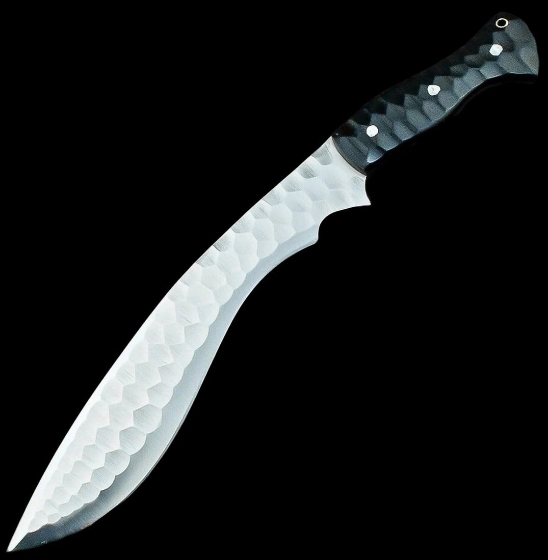 Knife With Steel Blade Composite Handle Handmade: Size: Overall Length 43.18 cm - Blade Thickness 0.5 cm. Materials: Steel D2, Micarta. Condition: New. Leather case included. This hand-forged D2 steel Bowie knife is a testament to high-quality crafts