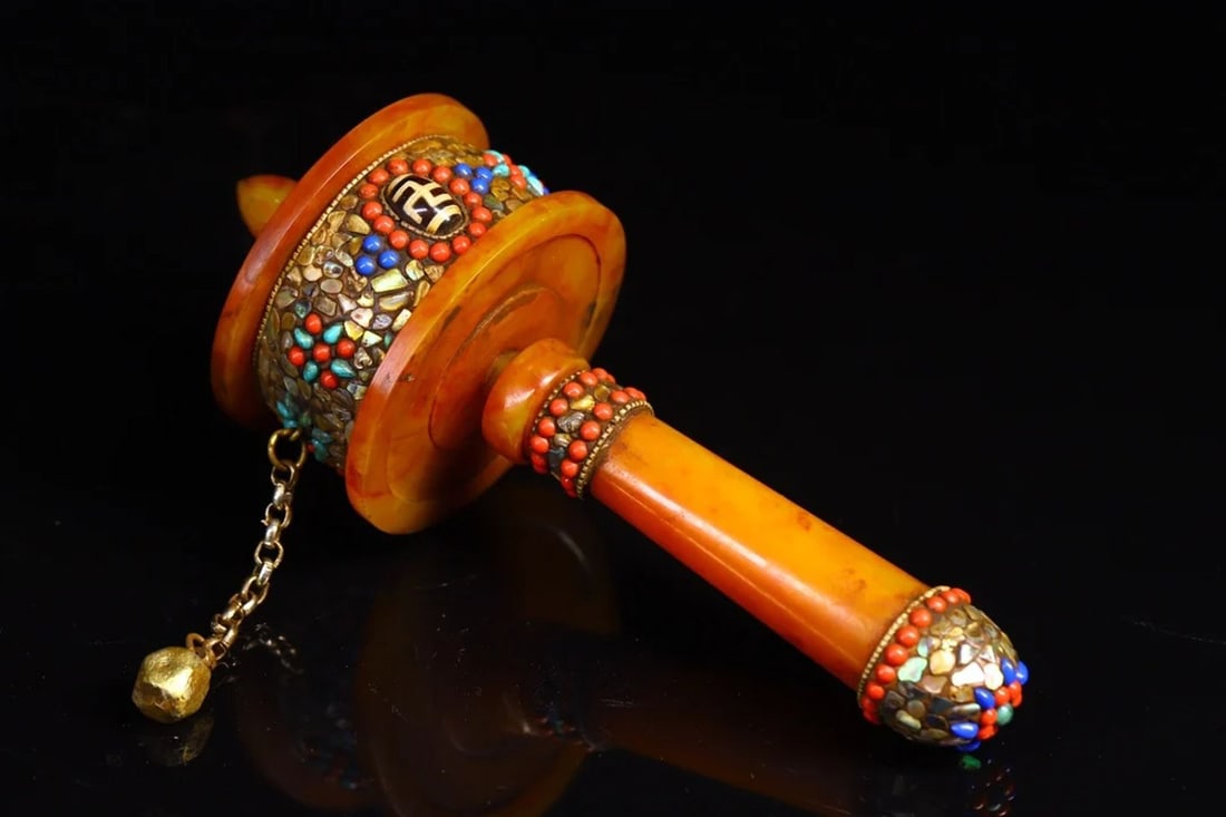 Retro Asian Dzi Beads Mosaic Buddhism Prayer Wheel (1 of 3)