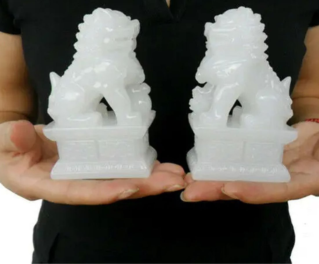Asian White Jade Statue Fu Dog Lion Pair Statues (1 of 4)