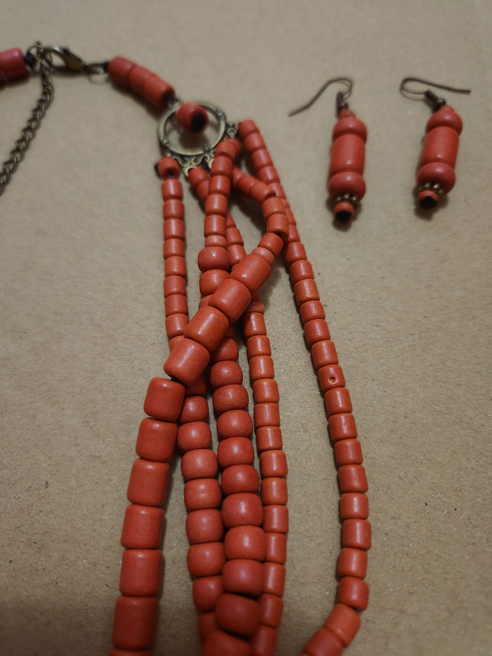 Red Salmon coral necklace vintage with earings (1 of 5)