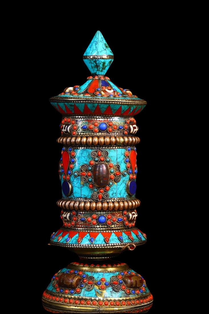 Asian Buddha Bronze Prayer Wheel Turquoise Inlaid (1 of 5)