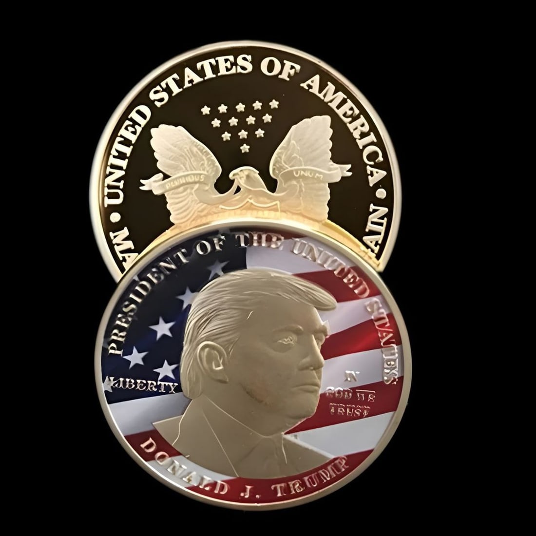 President Trump Replica Coin Yellow Gold-Plated: Size: Diameter 4 cm - Thickness 0.3 cm - Quantity 1 ??. Materials: Metal with plated gold. Condition: New. This replica coin is a commemorative coin depicting Donald Trump, the 45th President of the U