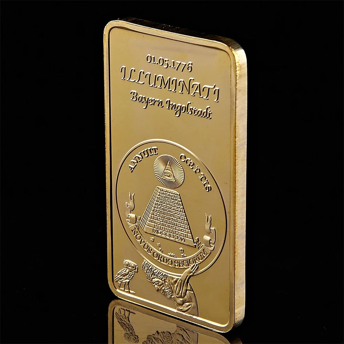 Masonic Symbols Bullion Bar Gold-Plated Iron Coin: Size: Height 5 cm - Width 2.8 cm - Thickness 0.3 cm. Weight 28 g. Materials: Metal with plated gold. Condition: New. This is a gold plated bar commemorating the Illuminati Order, a secret society foun