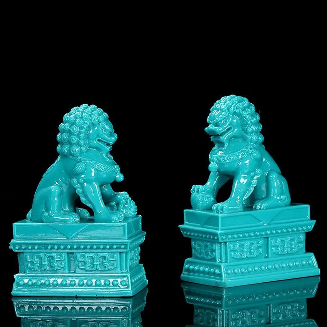 Turquoise Two Lion China Foo Dogs Carved Figurine (1 of 6)