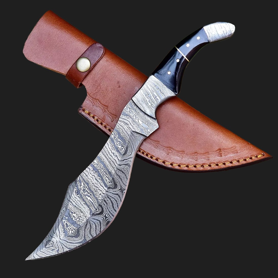 Hand-Craft Damascus Steel Hunting Bull Horn Knife: Size: Overall length 30.48 cm - Blade length 17.78 cm - Handle lenght 12.7 cm. Layers 512. Hardness 55-58 HRC. Materials: Damascus steel, Bone-bull horn, Leather. Condition: New. This is a hand-crafte