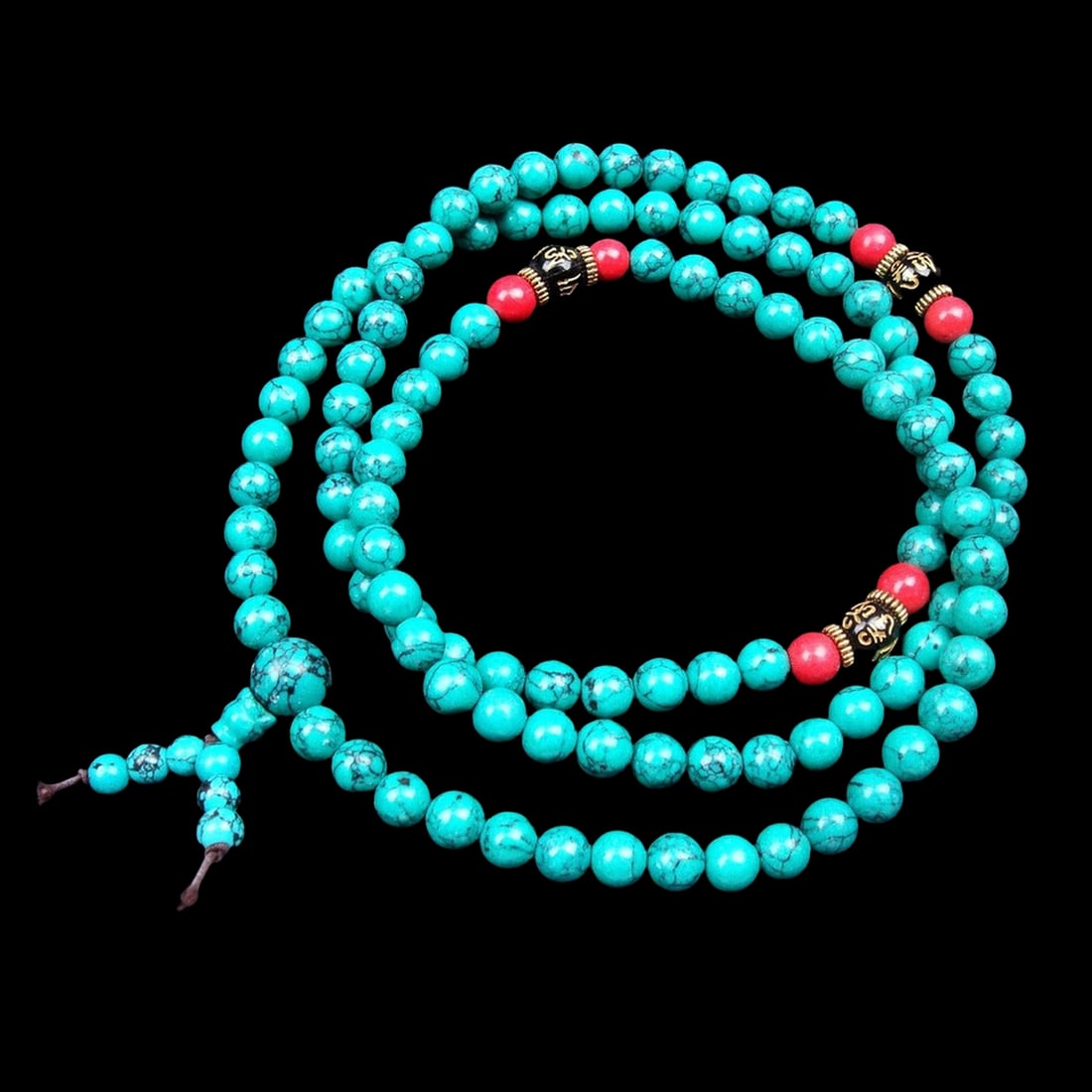 Buddhist Turquoise Mala Necklace Red Silver Spacer (1 of 6)