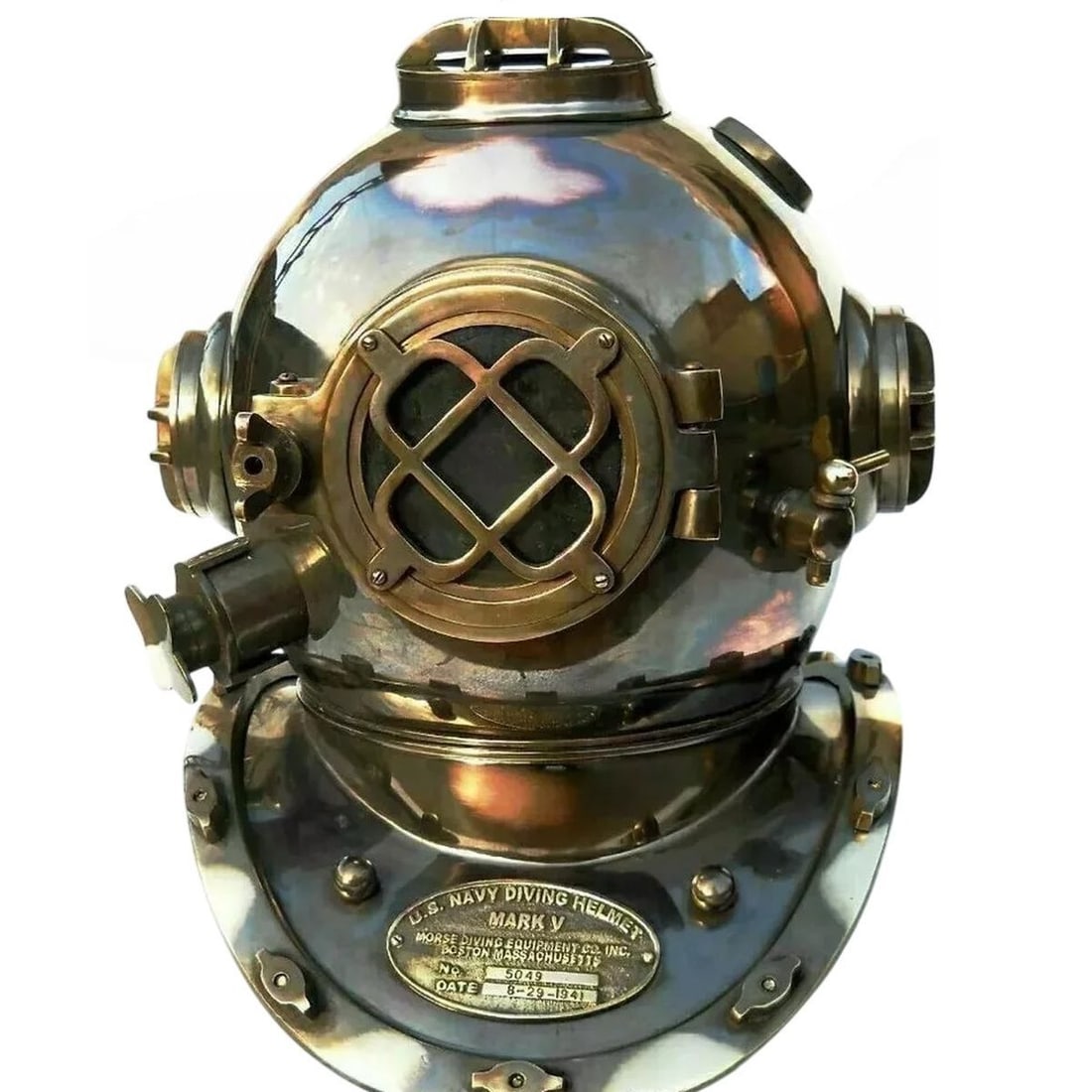 Replica Polished Brass Copper Navy Diving Helmet: Size: Height 45.72 cm. Materials: Aluminum, bone, copper and brass. Condition: Resembles a retro aesthetic. This vintage-style U.S. Navy Mark V diving helmet features a vintage-inspired design by A.J.