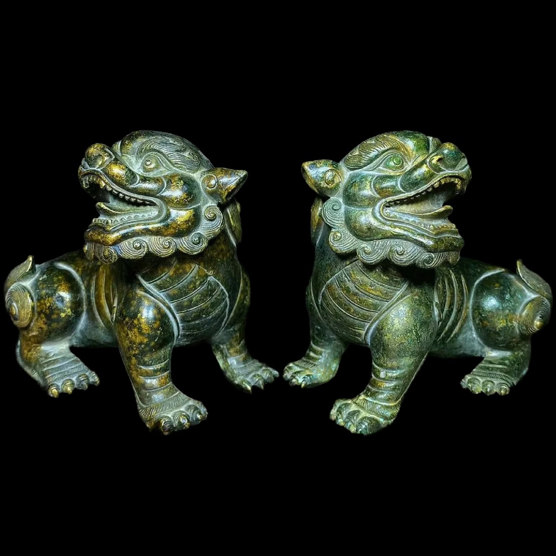 Lions Statues Vintage Bronze Pair Fu Dog Guardians (1 of 6)