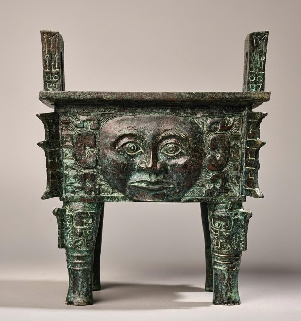 Chinese Incense Burner Bronze Carved Human Face (1 of 11)