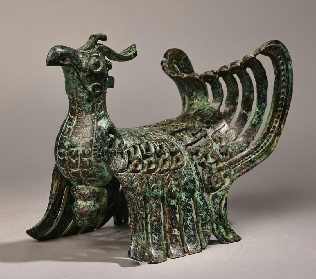 Vintage Sculpture Oriental Phoenix Bird Figurine: Size: Height 14 cm - Length 20 cm. Weight 1.3 kg. Materials: Bronze. Condition: Looks like vintage. This vintage-style sculpture is a unique Chinese phoenix, cast in solid bronze. The figurine is high