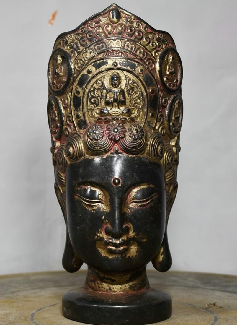 Bronze Gilt Buddha Head Bust Five Deities Motif (1 of 9)