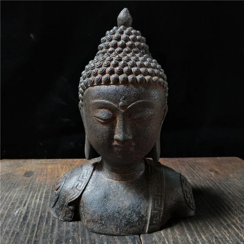 Antique-Inspired Iron Buddha Head Bust Statue (1 of 1)