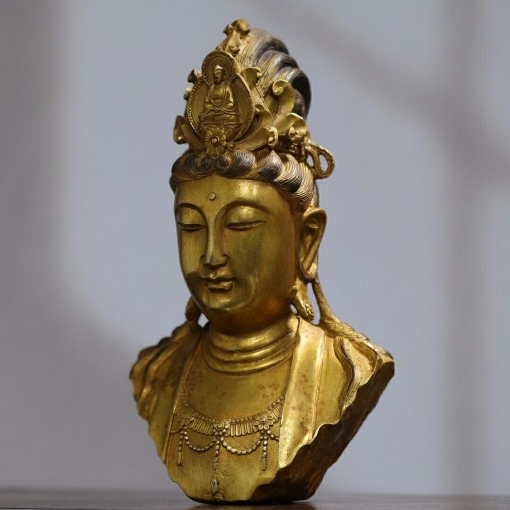Old-Style Statue Guanyin Buddha Head Bust Figurine (1 of 8)