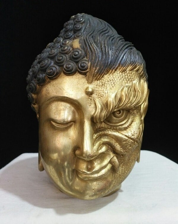Two-Sided Head Bronze Figurine Asian Deity Bust (1 of 9)