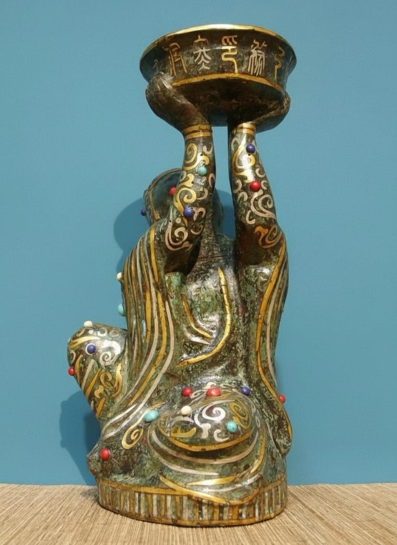 Retro-Style Bronze Candlestick Male Statue Gilt: Size: Height 25 cm - Length 14 cm - Width 11 cm. Weight 3 kg. Materials: Bronze. Condition: Appears to have a classic aesthetic. This retro-style bronze candlestick, shaped like a male statue, dates b