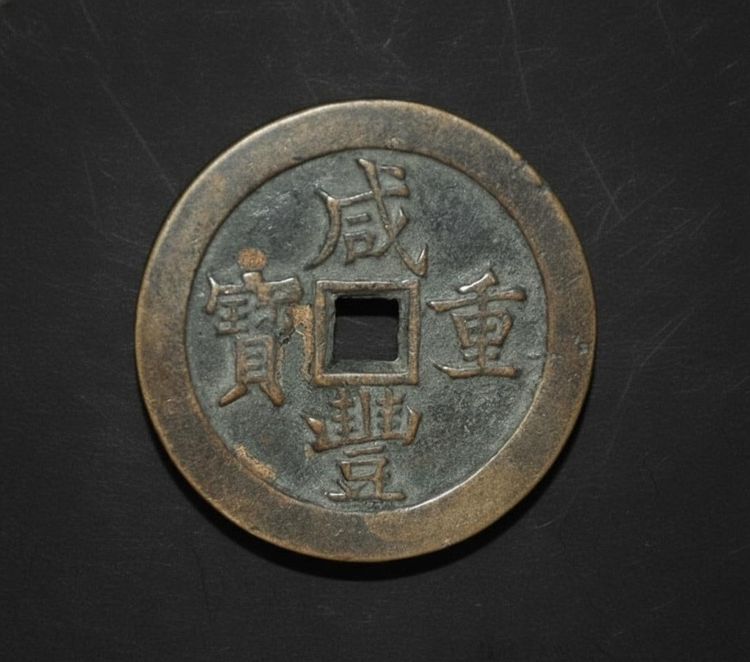 Retro Asian Bronze Replica Coin Bold Lettering: Size: Diameter 40 mm. Materials: Bronze. Condition: Appears to have a classic aesthetic. This vintage-style bronze replica coin represents the denomination of cash, likely inscribed "??????" (Xianfeng