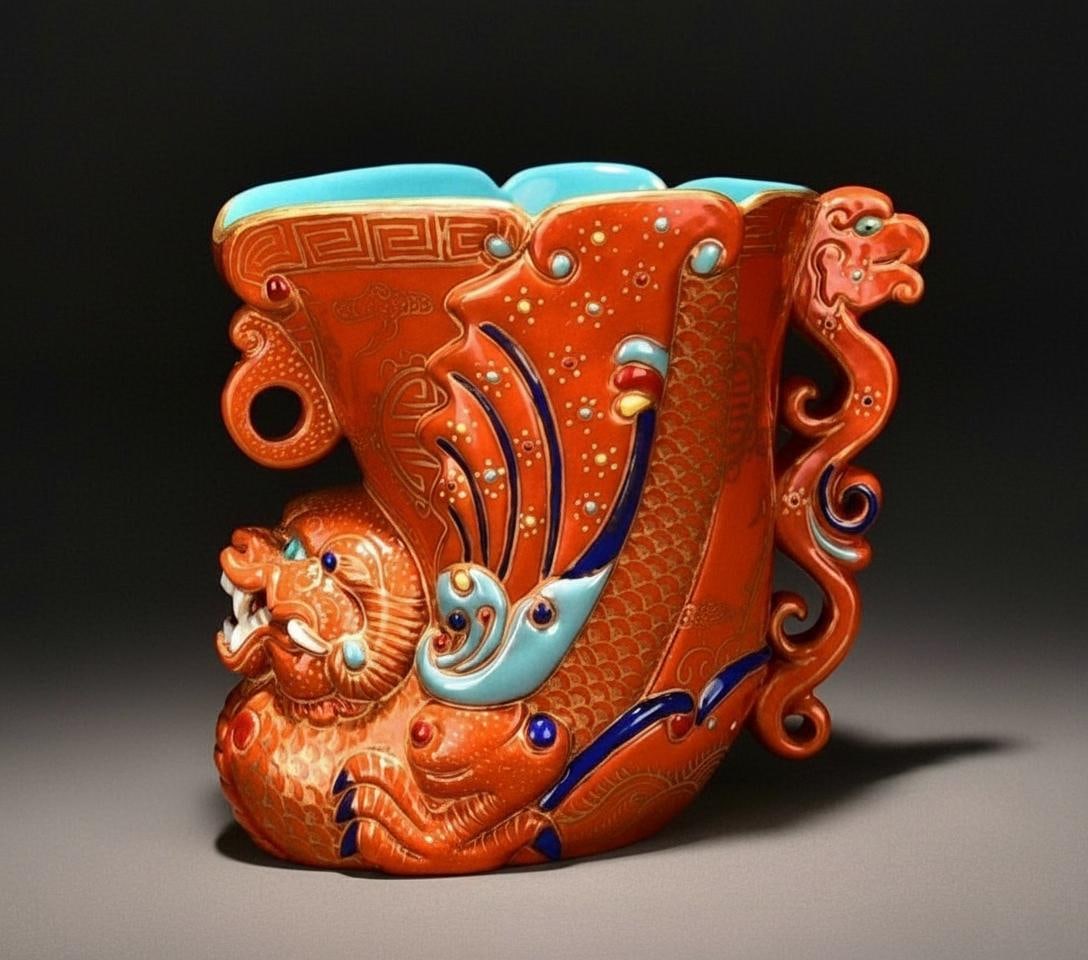 Retro Chinese Cup Porcelain Red Glaze Pixiu Beast: Size: Height 10 cm - Length 10 cm - Width 10 cm. Weight 1 kg. Materials: Porcelain. Condition: Resembles a retro aesthetic. This vintage-style Chinese mug or wine cup is crafted from porcelain with a