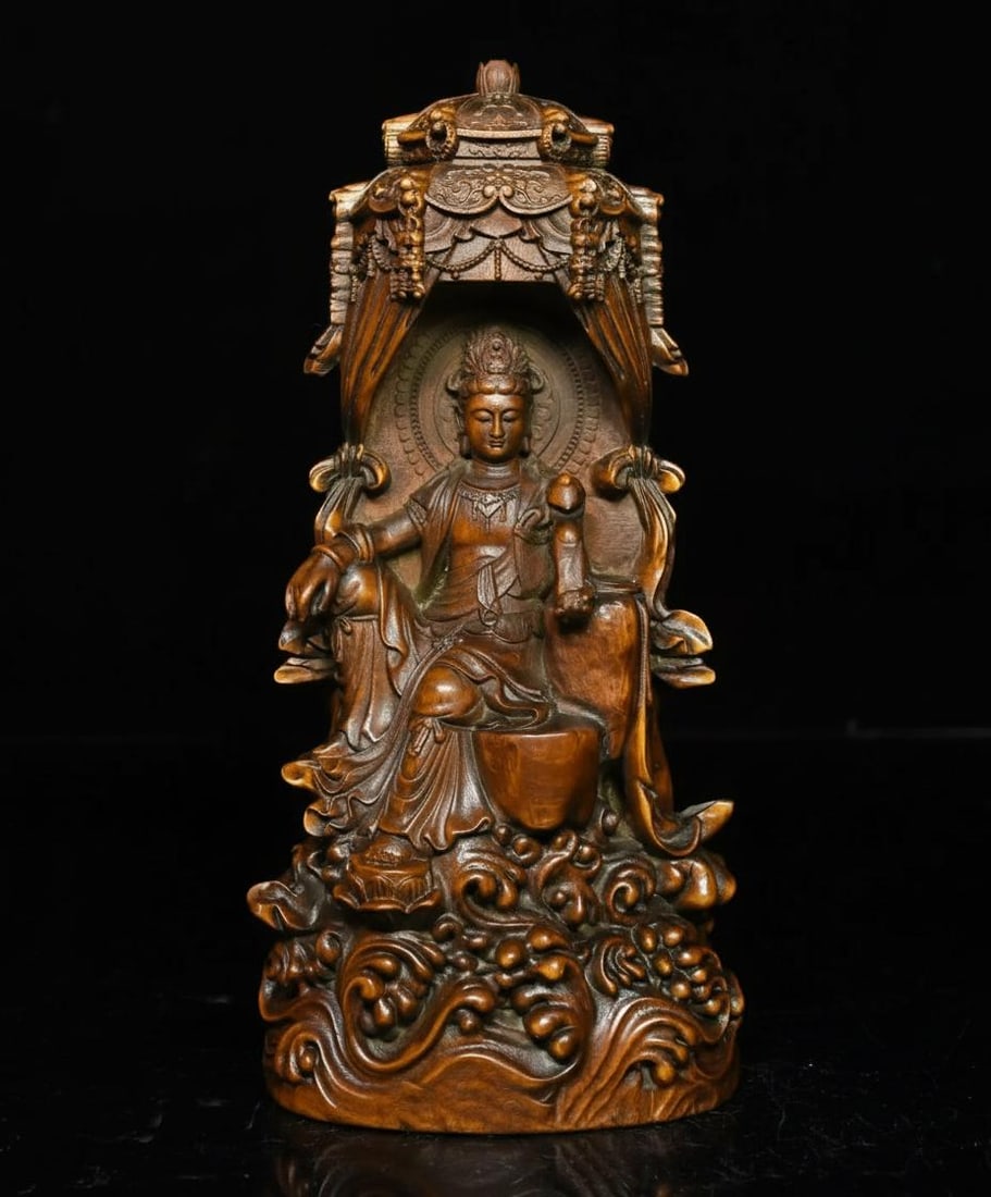 Buddha Deity Ruyi Scepter Boxwood Carved Statue (1 of 5)