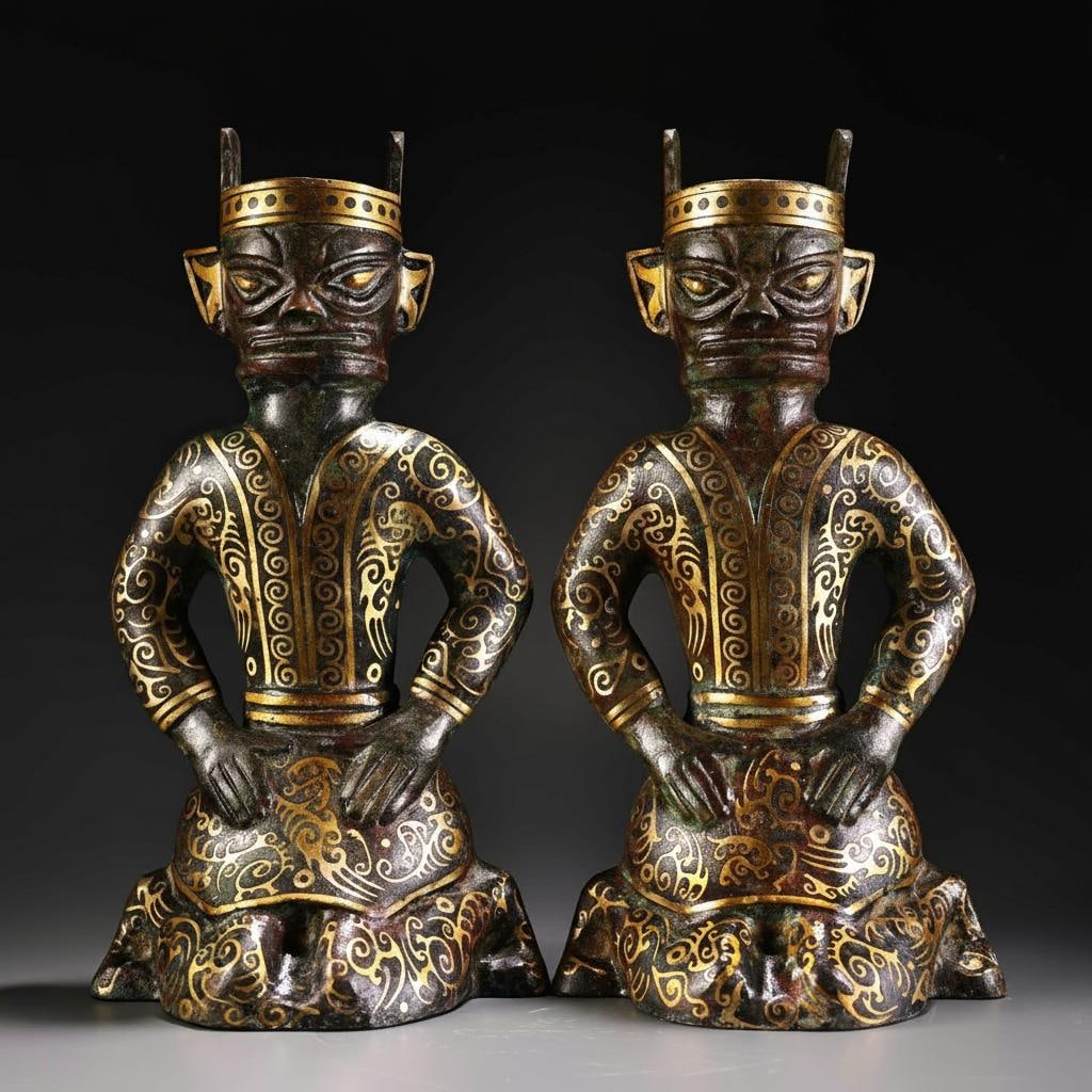 Retro Pair Statues Bronze Gilt Kneeling Figures (1 of 9)