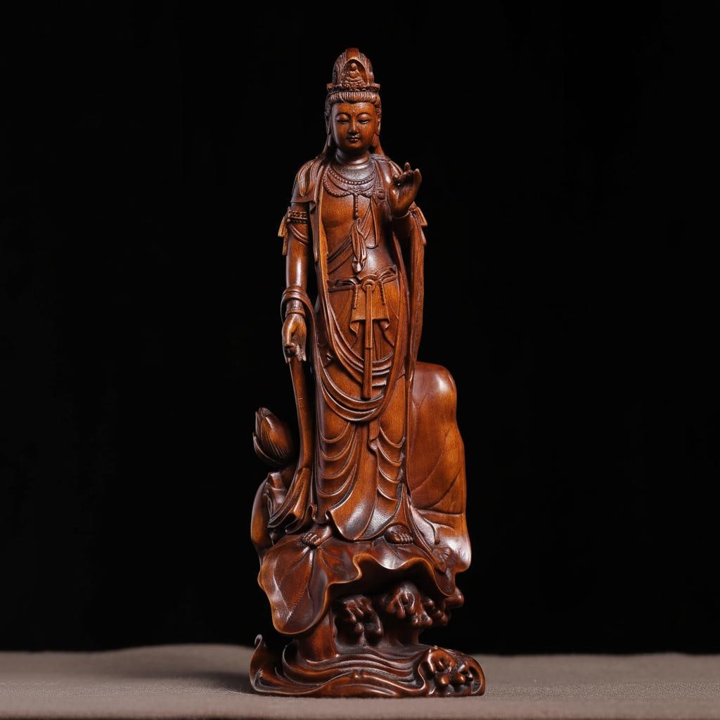 Hand Carved Standing Guanyin Deity Wooden Figurine (1 of 6)
