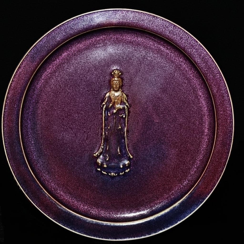 Buddha Deity Purple Violet Porcelain Dish Plate: Size: Height 3 cm - Length 31 cm - Width 31 cm. Weight 3 kg. Materials: Porcelain. Condition: Looks like vintage. This retro-style porcelain tray dish is crafted from Jun Kiln porcelain, emulating the