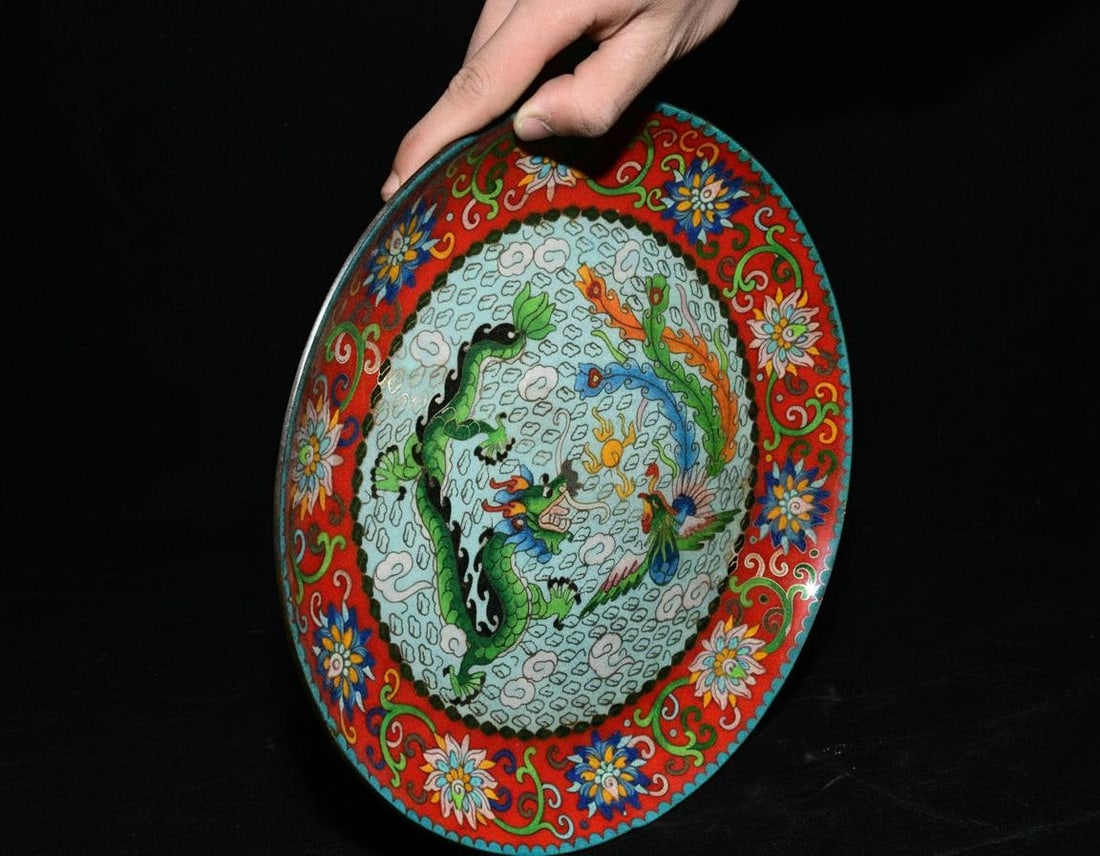 Retro Chinese Dish Bronze Dragon Phoenix Pattern - 6