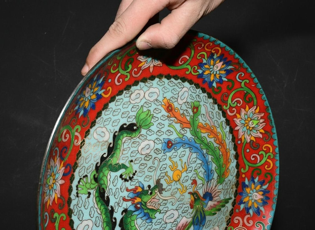 Retro Chinese Dish Bronze Dragon Phoenix Pattern - 7