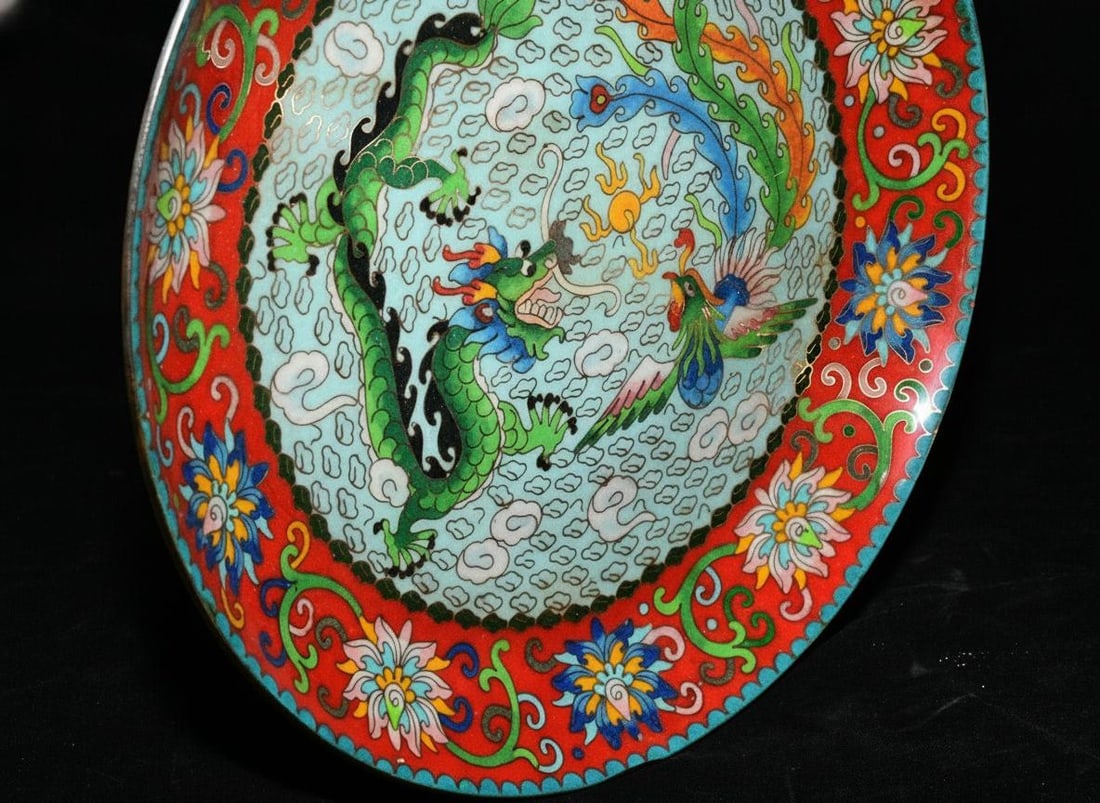 Retro Chinese Dish Bronze Dragon Phoenix Pattern - 8