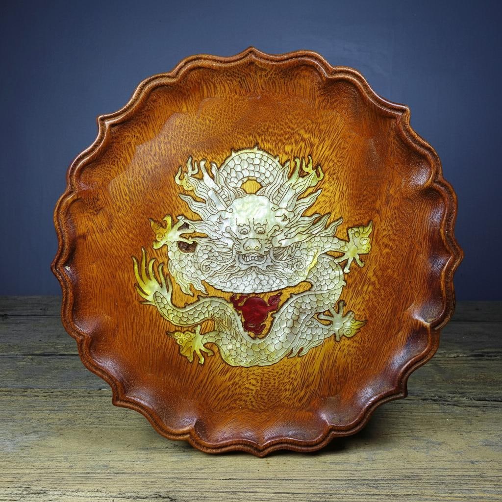 Decorative Vintage Wooden Dish Plate Dragon Inlaid (1 of 9)