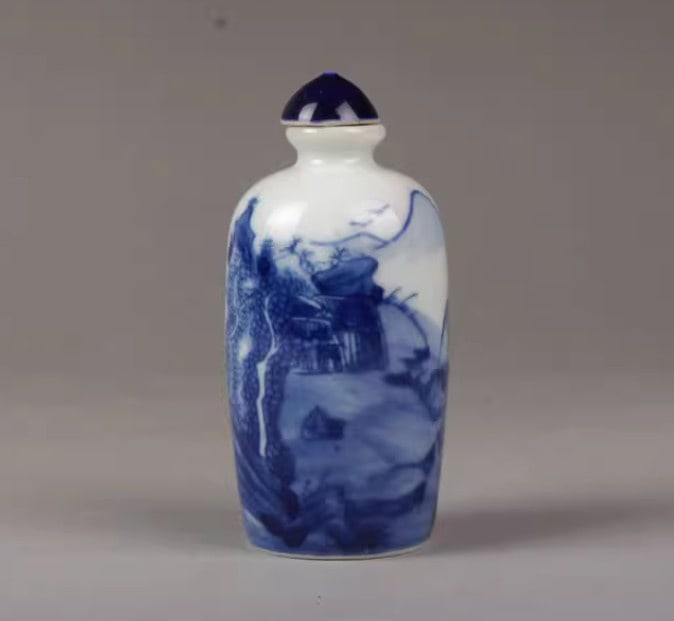 Vintage Snuff Bottle Blue White Mountain Landscape (1 of 6)