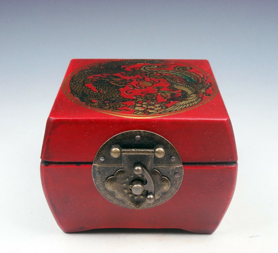Retro Wood Jewelry Box Painted Dragon Phoenix (1 of 10)