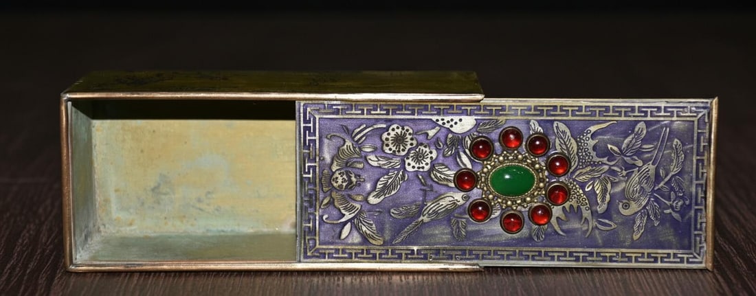 Chinese Bronze Box Inlay Gems Floral Birds Figures (1 of 10)
