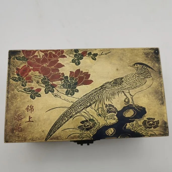 Copper Cloisonne Jewelry Box Casket Peacock Floral (1 of 1)